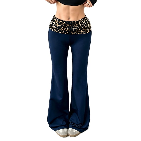 TGPMGRZ Women's Fold Over Flare Leggings High Waisted Wide Leg Patchwork Leopard Print Yoga Pants Y2K Casual Flared Pants