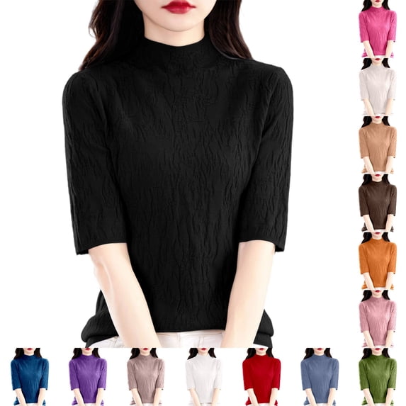 TGPMGRZ Women's Short Sleeve Sweaters Casual Basic Solid Color Half Turtleneck Pullover Sweater Tops, Dark Blue L