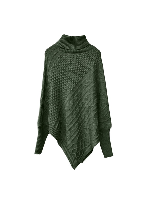 Women's Turtleneck Poncho Sweater Cable Knit Batwing Sleeve Asymmetric Hem Pullover Wrap
