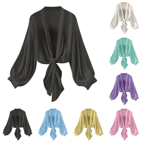 TGPMGRZ Womens Chiffon Tie Knot Bolero Cardigan Summer Long Sleeve Lightweight Open Front Cover Up Crop Shawl Tops Black Size M