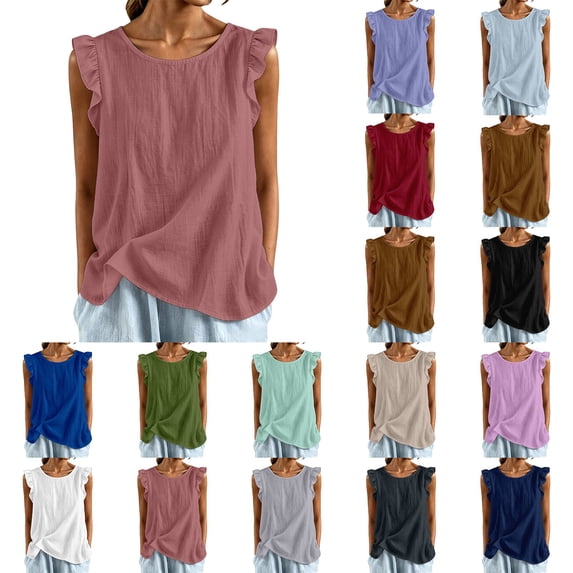 TGPMGRZ Womens Flutter Sleeve Tank Tops Loose Fit Cotton Linen Athletic Casual Round Neck Summer Clothes Pink Size XXXL