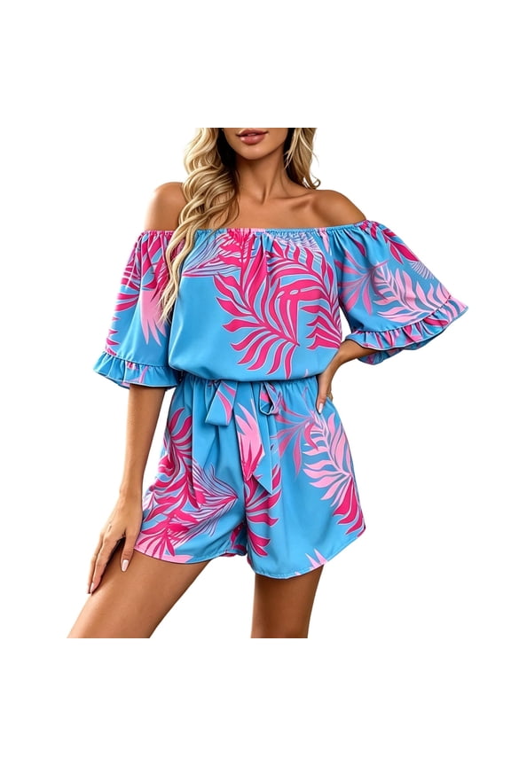 Womens Off Shoulder Shorts Rompers Wide Leg Flutter Sleeve Boho Floral Jumpsuits with Waist Tie Blue, Size S