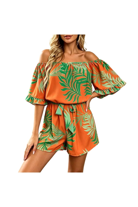 Womens Off Shoulder Shorts Rompers Wide Leg Flutter Sleeve Boho Floral Jumpsuits with Waist Tie Orange, Size S