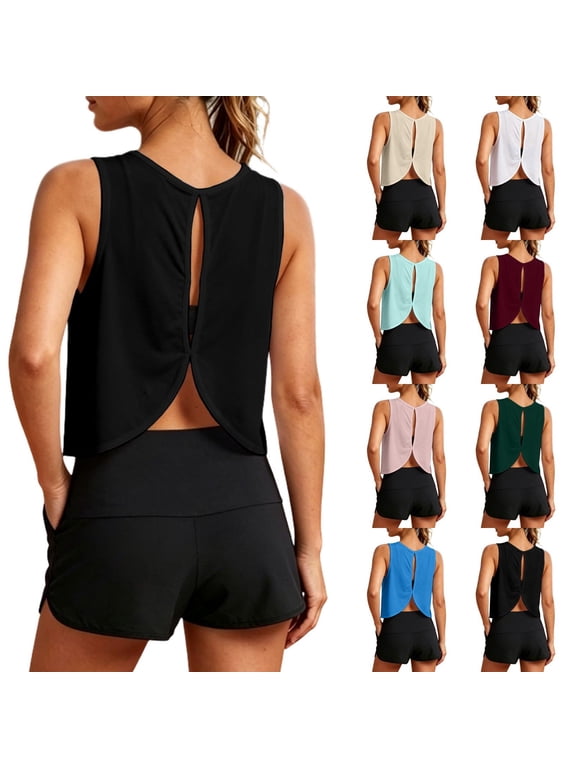 Womens Open Back Workout Tops Athletic Yoga Vests Backless Sleeveless Tank Tops Blue2 Size S