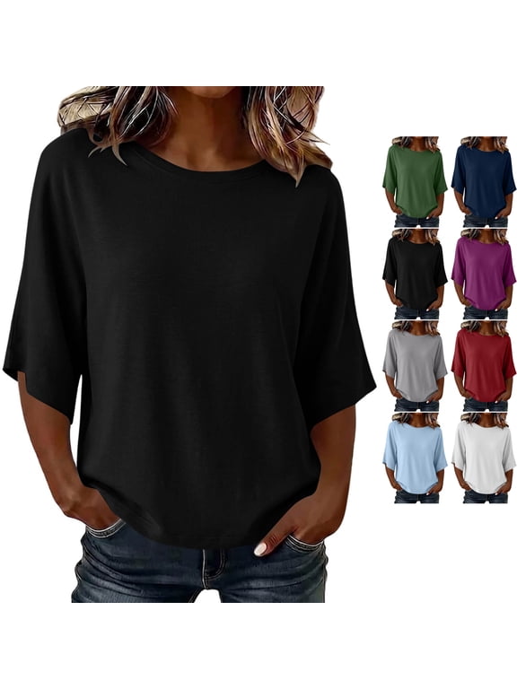 3/4 Dolman Sleeve Tops for Women Lightweight Thin Crew Neck Solid Color Blouses Loose Fit Dressy Casual Fall Basic T‑Shirts S