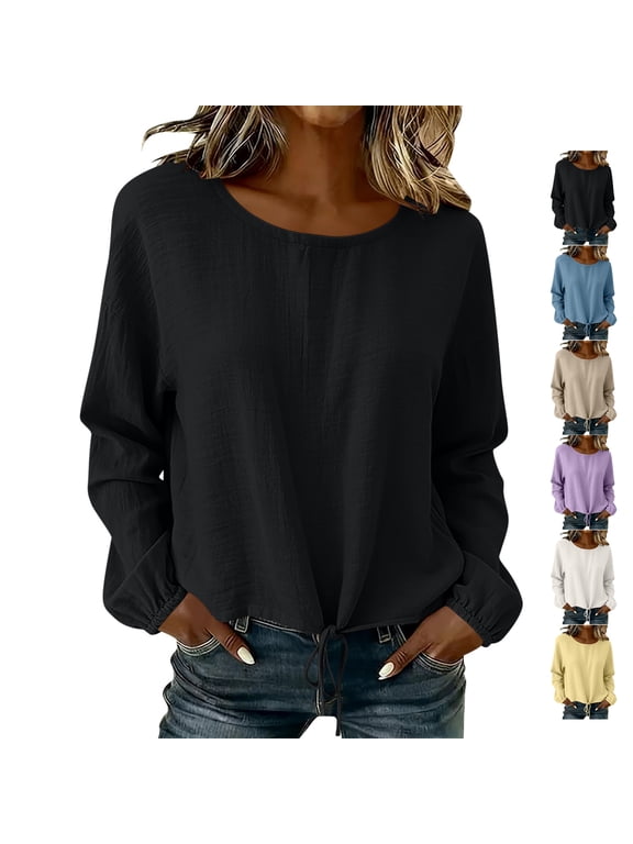 Adjustable Drawstring Hem Tops for Women Lightweight Thin Crew Neck Long Sleeve Shirts with Elastic Cuffs Loose Fit Dressy Solid Color Blouses XL