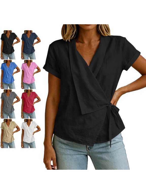 Adjustable Wrap Side Tie Tops for Women Breathable Soft V Neck Short Sleeve Blouses Loose Fit Dressy Casual Solid Color T-Shirts L