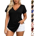 thumbnail image 1 of TGSLY Asymmetrical Hem T-Shirts for Women Lightweight Soft Deep V-Neck Solid Color Blouses Dressy Casual Side Twist Knot Short Sleeve Tops S, 1 of 8