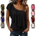 thumbnail image 1 of TGSLY Asymmetrical One Shoulder Tank Tops for Women Diagonal Ruffle Flutter Sleeve Triple Spaghetti Strap Shirts Flowy Fit Dressy Casual Solid Color Vest L, 1 of 10