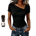 thumbnail image 1 of TGSLY Asymmetrical V Neck Tops for Women Slim Fit Twist Knot Ribbed Short Sleeve Blouses Dressy Casual Solid Color T-Shirts L, 1 of 6
