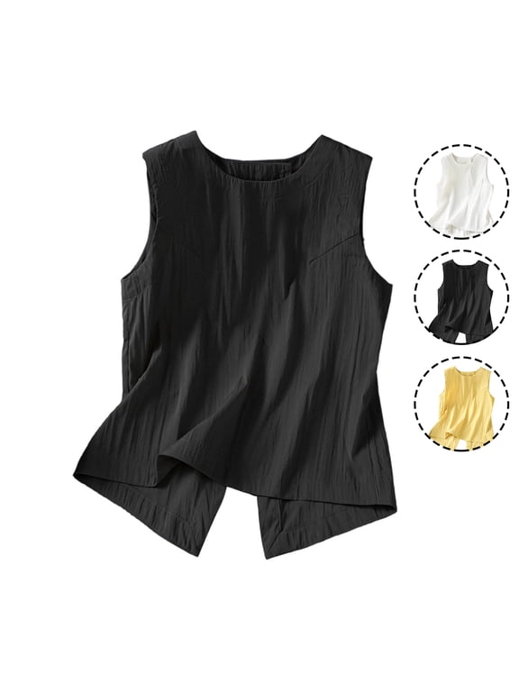 Back Split Open Tank Tops for Women Lightweight Crew Neck Sleeveless Shirts Loose Fit Dressy Casual Solid Color Vest M