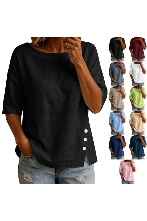 Boat Neck 3/4 Sleeve Tops for Women Lightweight Soft Side Split Hem Solid Color Shirts Loose Fit Dressy Casual Fashion Basic Blouses M