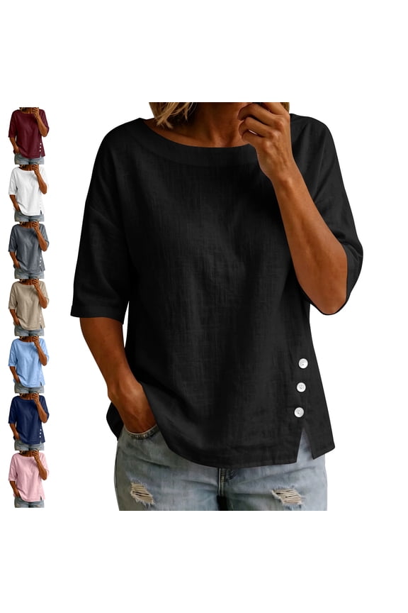 Boat Neck 3/4 Sleeve Tops for Women Lightweight Soft Side Split Hem Solid Color Shirts Loose Fit Dressy Casual Fashion Basic Blouses S