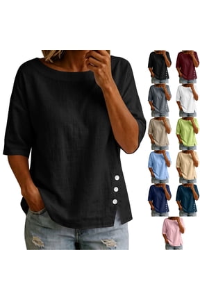 Boat Neck 3/4 Sleeve Tops for Women Lightweight Soft Side Split Hem Solid Color Shirts Loose Fit Dressy Casual Fashion Basic Blouses XL