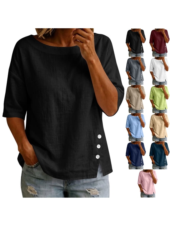 Boat Neck 3/4 Sleeve Tops for Women Lightweight Soft Side Split Hem Solid Color Shirts Loose Fit Dressy Casual Fashion Basic Blouses XL