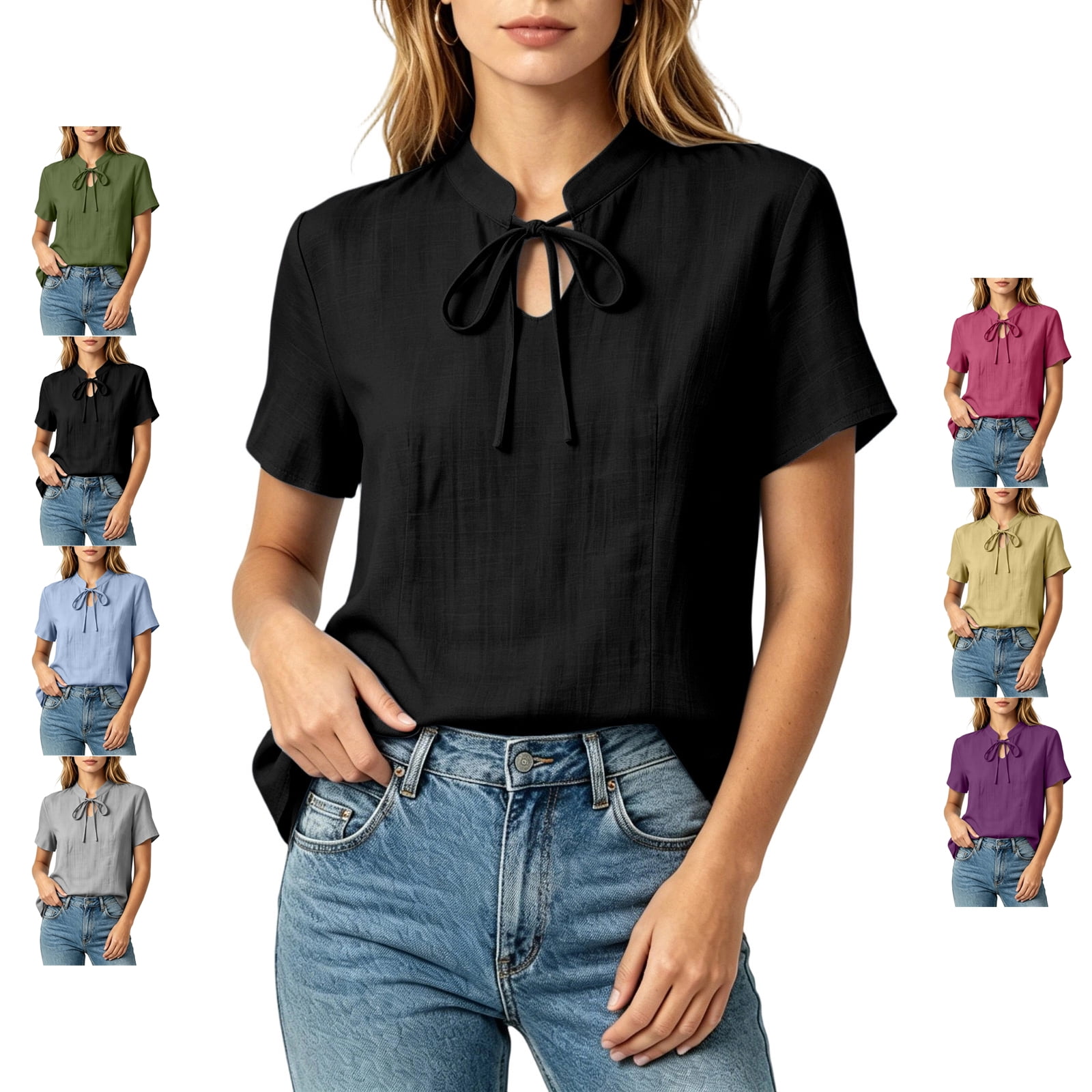 TGSLY Bow Tie Front Linen Tops for Women Lightweight Soft Keyhole