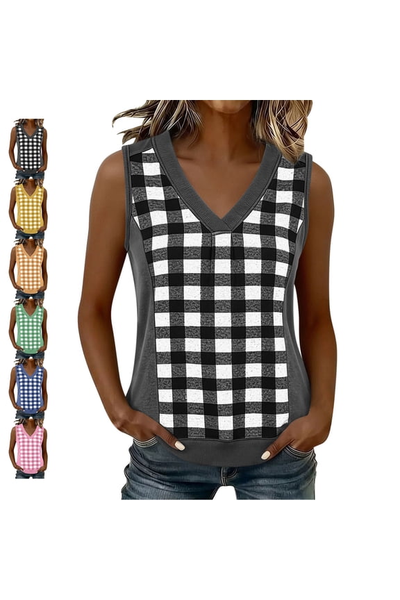 Buffalo Plaid Tank Tops for Women Dressy Casual Ribbed Trim V Neck Sleeveless Shirts Loose Fit Color Block Contrast Vest XXL