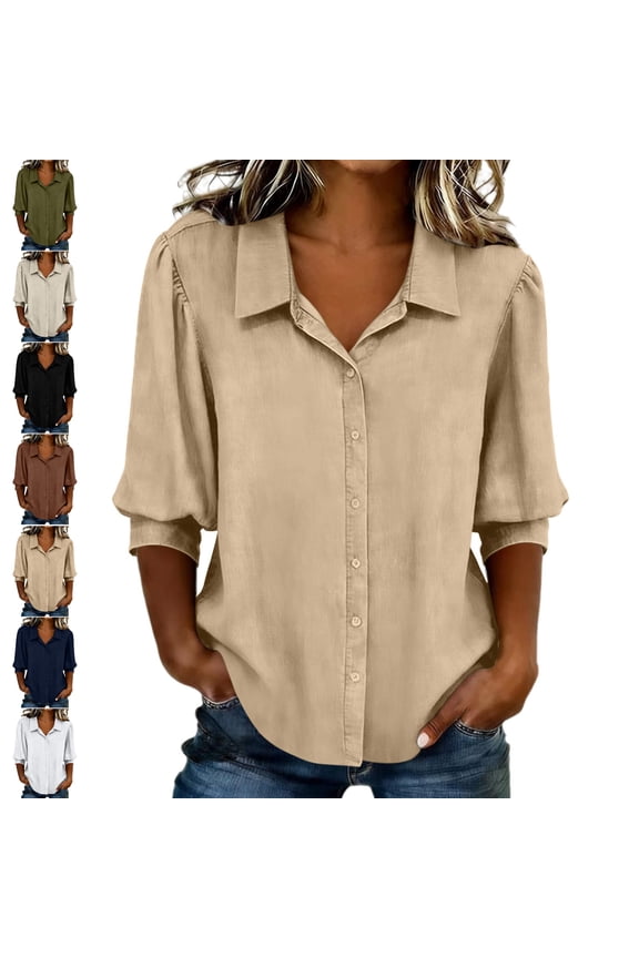 Button Down Linen Shirts for Women Lightweight Thin Casual Collared Puff 3/4 Sleeve Blouses Relaxed Dressy Casual Solid Color Tops XXL