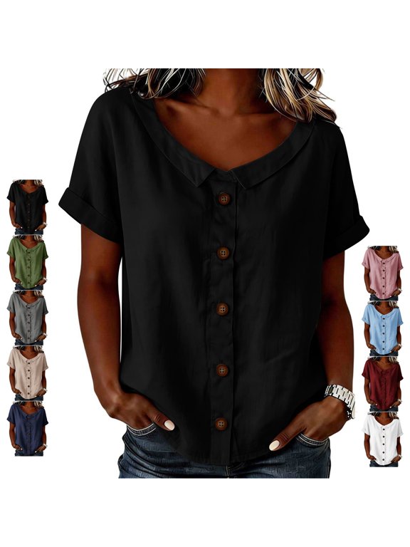 Button Down Shirts for Women Lightweight Soft Crew Neck Roll up Short Sleeve Tops Relaxed Casual Solid Color Curved Hem Blouses XXL