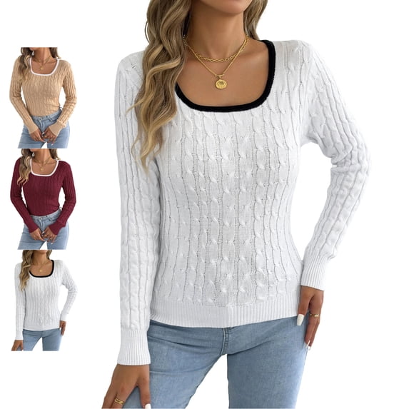 TGSLY Cable Knit Sweater for Women Lightweight Soft Scoop Neck Solid Color Fall Pullovers Dressy Casual Long Sleeve Business Sweater S