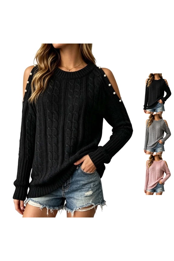 Cold Shoulder Sweater for Women Lightweight Soft Crew Neck Solid Color Cable Knit Pullover Dressy Casual Long Sleeve Tops XXXL