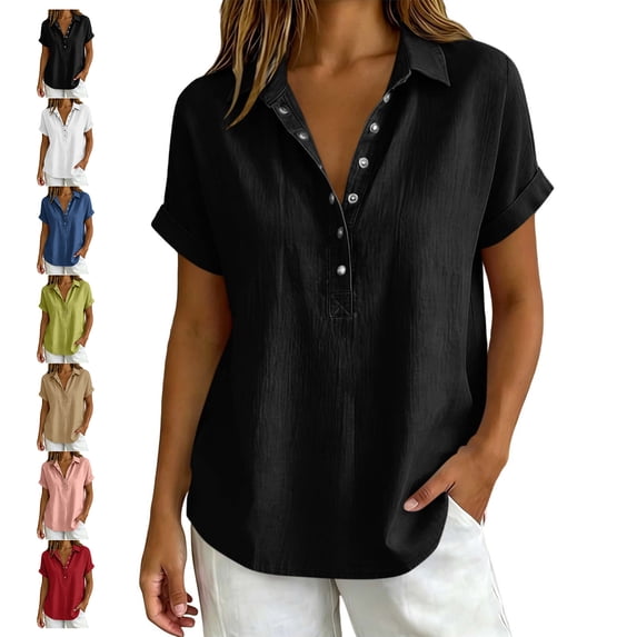 TGSLY Collared Linen Tops for Women Lightweight Soft Half Snap Button Placket Cuffed Short Sleeve Blouses Loose Fit Dressy Casual Curved Hem Solid Color Tshirts XXL