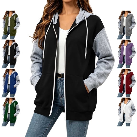 TGSLY Color Block Hooded Sweatshirt for Women Lightweight Zip Up Long Sleeve Drawstring Hoodies Loose Casual Solid Color Cardigan Coat with Pockets XL