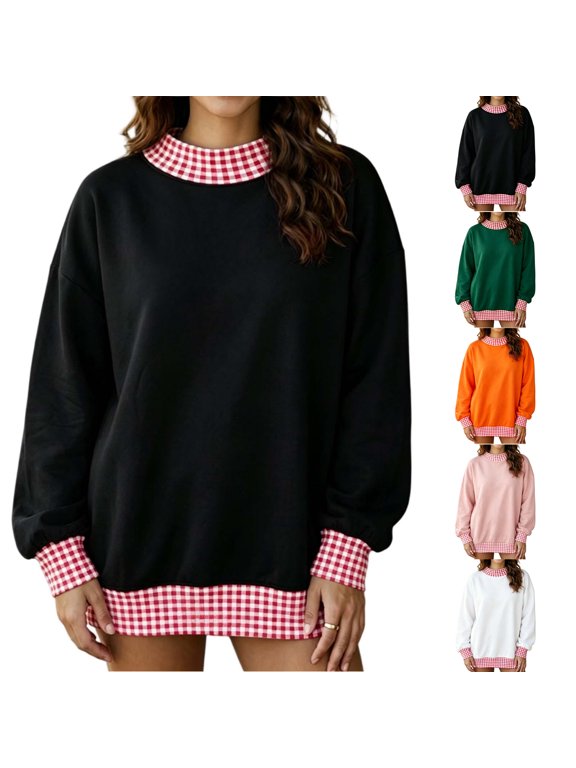 Contrast Gingham Trim Sweatshirt for Women Lightweight Crew Neck Long Sleeve Tunic Tops Loose Casual Solid Color Fall Athletic Pullovers S