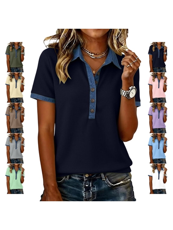 Contrast Trim Waffle Tops for Women Collared Half Button Placket Short Sleeve Shirts Relaxed Dressy Casual Solid Color Blouses M