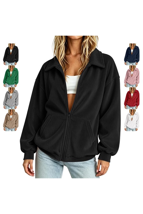 Corduroy Sweatshirt for Women Zip-Up Long Sleeve Jacket with Ribbed Cuffs Oversized Relaxed Fit Solid Color Coat with Pocket M