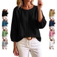 thumbnail image 1 of TGSLY Crew Neck Linen Tops for Women Lightweight Soft Solid Color Crinkle Blouses Relaxed Dressy 3/4 Balloon Sleeve Tshirts with Elastic Cuffs M, 1 of 6