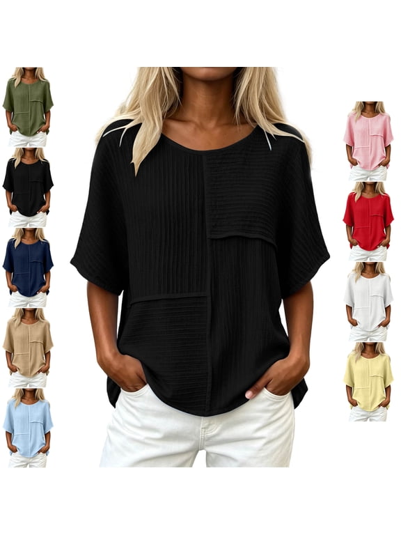 Crinkle Textured Patchwork Tops for Women Lightweight Thin Crew Neck Half Sleeve Blouses Relaxed Casual Solid Color Basic Shirts M
