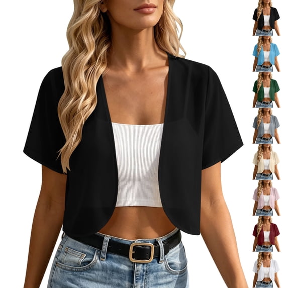 TGSLY Cropped Chiffon Cardigan for Women Lightweight Thin Open Front Solid Color Shrug Dressy Casual Short Sleeve Summer Cover Up M