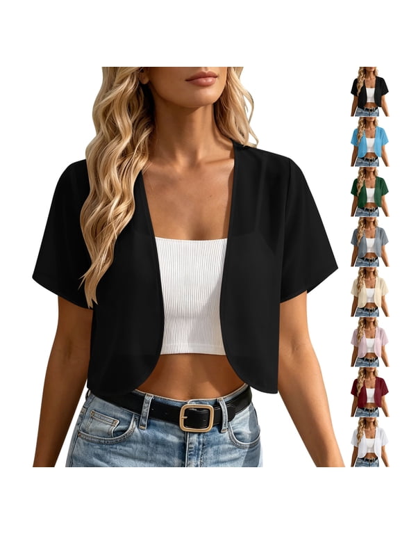 Cropped Chiffon Cardigan for Women Lightweight Thin Open Front Solid Color Shrug Dressy Casual Short Sleeve Summer Cover Up M