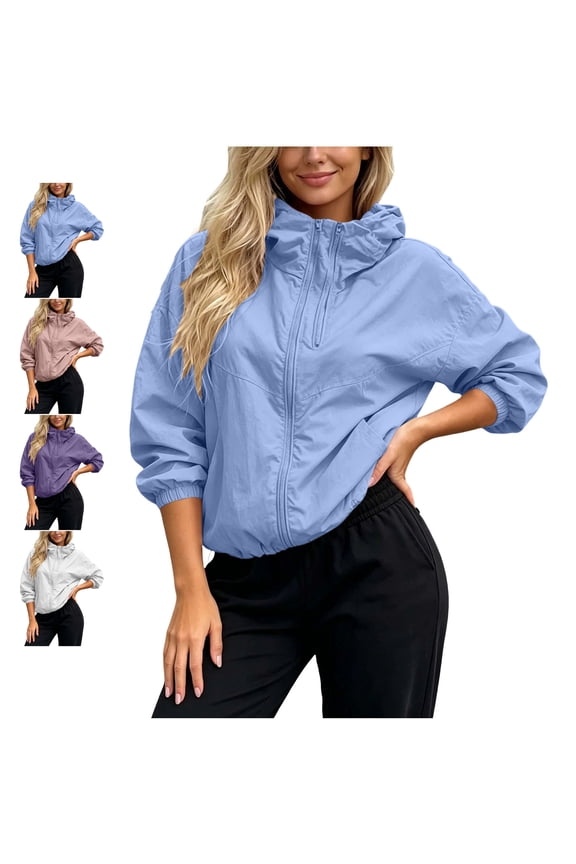 Cropped Hooded Jacket for Women Lightweight Zip Up Dolman Long Sleeve Windbreaker Oversized Casual Solid Color Coat with Pockets S