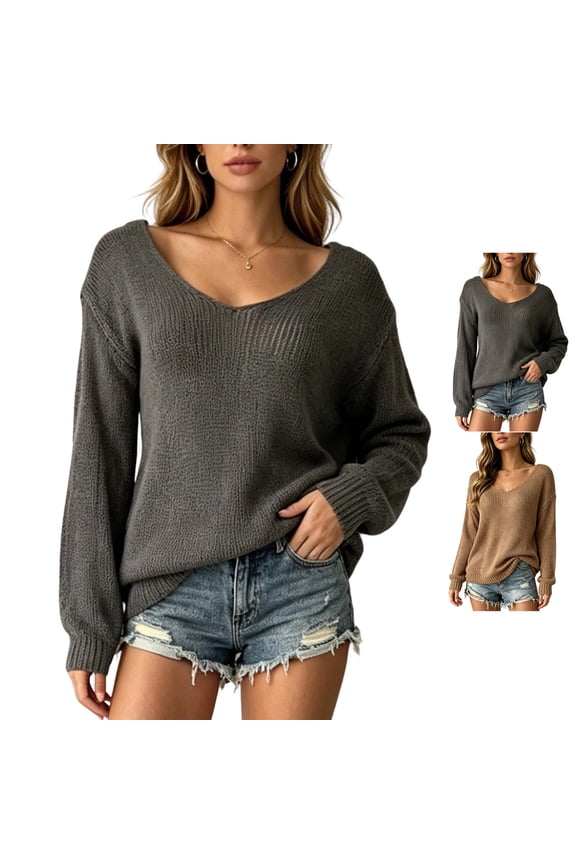 Deep V Neck Knit Sweater for Women Soft Casual Drop Shoulder Balloon Long Sleeve Knit Tops Relaxed Fit Solid Color Layer Pullovers L