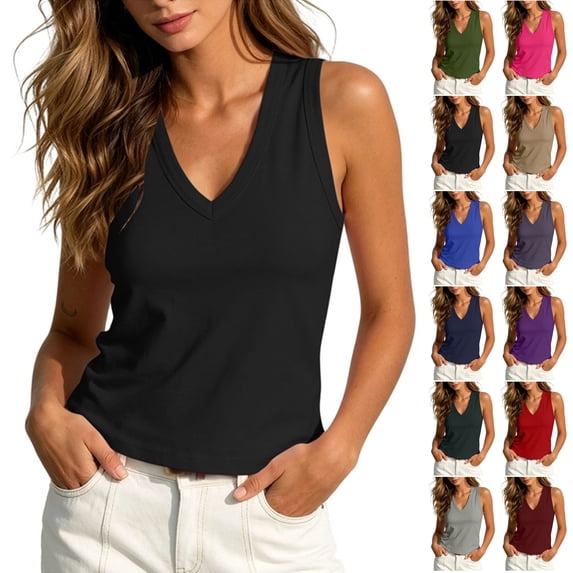 TGSLY Deep V Neck Tank Tops for Women Lightweight Soft Solid Color Regular Length Vest Dressy Casual Wide Strap Sleeveless Shirts XL