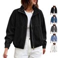 thumbnail image 1 of TGSLY Denim Bomber Jacket for Women Lightweight Collared Full Zip Long Sleeve Jean Coat Loose Casual Elastic Hem Solid Color Fall Outerwear with Pockets M, 1 of 10