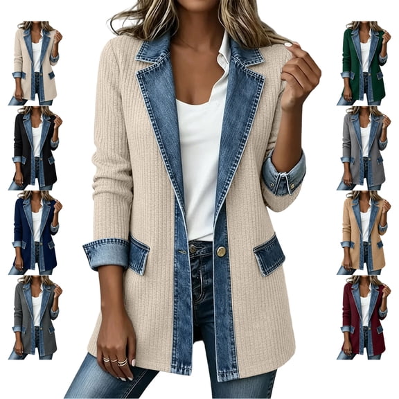TGSLY Denim Patchwork Jacket for Women Notched Lapel Long Sleeve Ribbed Knit Blazer Dressy Casual Solid Color Single Breasted Button Coat with Pockets M