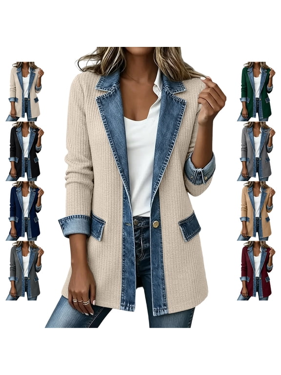 Denim Patchwork Jacket for Women Notched Lapel Long Sleeve Ribbed Knit Blazer Dressy Casual Solid Color Single Breasted Button Coat with Pockets S