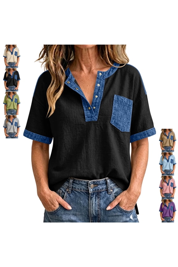 Denim Trim Henley Neck Tops for Women Lightweight Soft Half Snap Button Solid Color Cotton Blouses Loose Fit Short Sleeve Shirts with Chest Pocket XXL