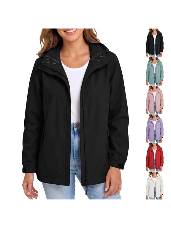 Detachable Hooded Raincoat for Women Lightweight Zip Up Solid Color Windproof Jacket Casual Long Sleeve Outdoor Hiking Shell Coat with Pockets XXL