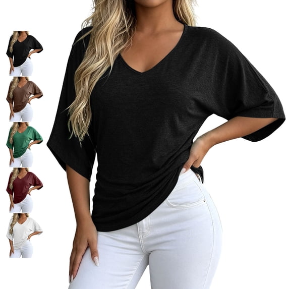TGSLY Dolman 3/4 Sleeve Tops for Women Lightweight Thin Casual V Neck Baggy Tshirts Loose Fit Dressy Casual Solid Color Blouses XXXL