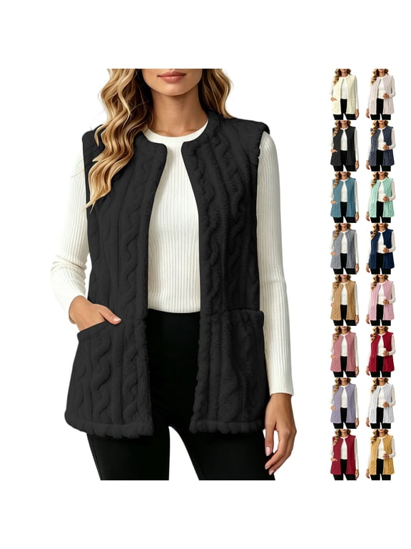 Double Sided Fleece Vest for Women Warm Soft Sleeveless Cable Textured Gilet Loose Casual Solid Color Fall Winter Outerwear XXL
