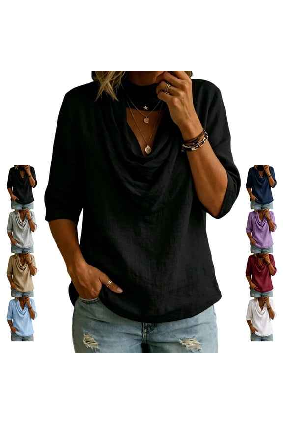 Draped Cowl Neck Tops for Women Loose Dressy Casual 3/4 Sleeve Solid Color T-Shirts Lightweight Thin Business Cotton Blouses S
