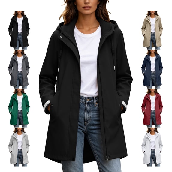 TGSLY Drawstring Hooded Rain Jacket for Women Lightweight Full Zip Long Sleeve Windproof Trench Coat Casual Solid Color Outerwear with Pockets S
