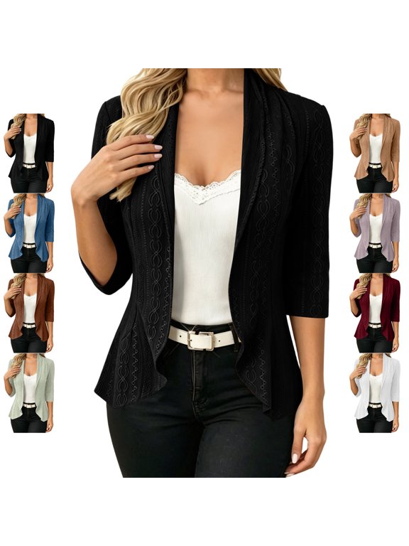 Eyelet Embroidery Cardigan for Women Lightweight Soft Shawl Collar 3/4 Sleeve Open Front Tops Dressy Casual Solid Color Cover Ups M