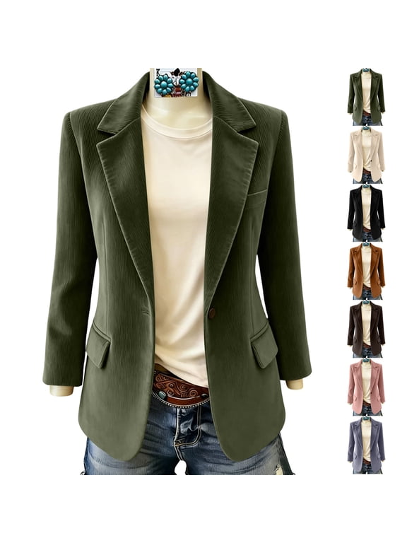 Fall Corduroy Blazer for Women Lightweight Notched Lapel Single Breasted Button Open Front Suit Coat Dressy Casual Solid Color Long Sleeve Jacket with Pockets M