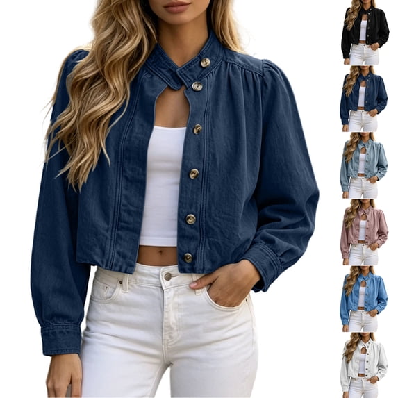 TGSLY Fall Cropped Denim Jacket for Women Lightweight Stand Collar Long Sleeve Coats Loose Casual Button Down Solid Color Jean Jacket L