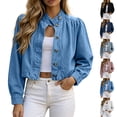 thumbnail image 1 of TGSLY Fall Cropped Denim Jacket for Women Lightweight Stand Collar Long Sleeve Coats Loose Casual Button Down Solid Color Jean Jacket M, 1 of 7